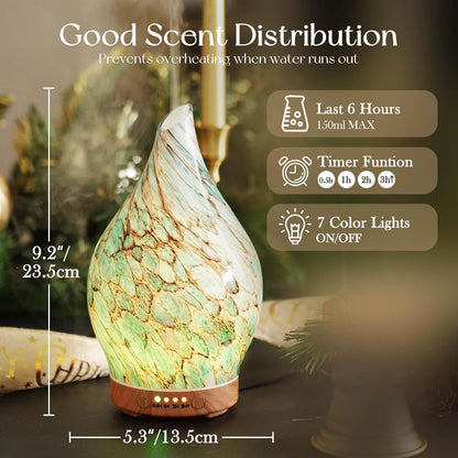 Porseme Oil Diffuser 3D Glass Aromatherapy Ultrasonic Humidifier, Air Refresh Auto Shut-Off, Timer Setting, BPA Free for Home Hotel Yoga Leisure SPA Gift 150ml Last 6H - Colors A