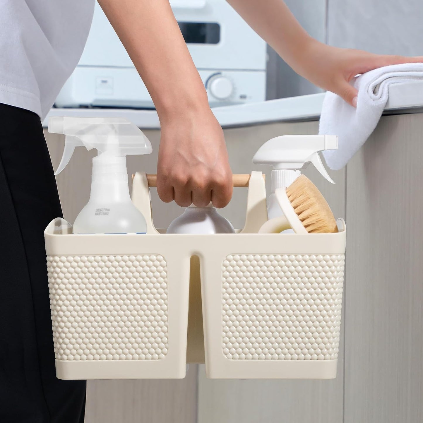 rejomiik Plastic Shower Caddy, Portable Shower Basket with Handle, Cream | Cleaning Caddy Organizer for Bathroom, College Dorm Room Essentials, Storage Tote