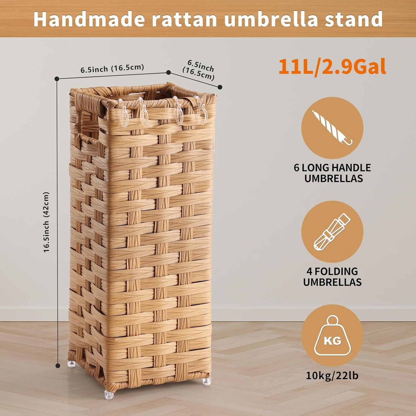 Rattan Umbrella Stand, Umbrella Holder for Entryway, Hand Woven Umbrella Rack Organizer Freestanding, with a Detachable Drip Tray, 4 Hooks, 11.8" L x 5.5" W x 16.5" H, Natural