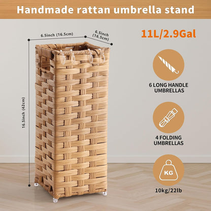 Rattan Umbrella Stand, Umbrella Holder for Entryway, Hand Woven Umbrella Rack Organizer Freestanding, with a Detachable Drip Tray, 4 Hooks, 11.8" L x 5.5" W x 16.5" H, Natural