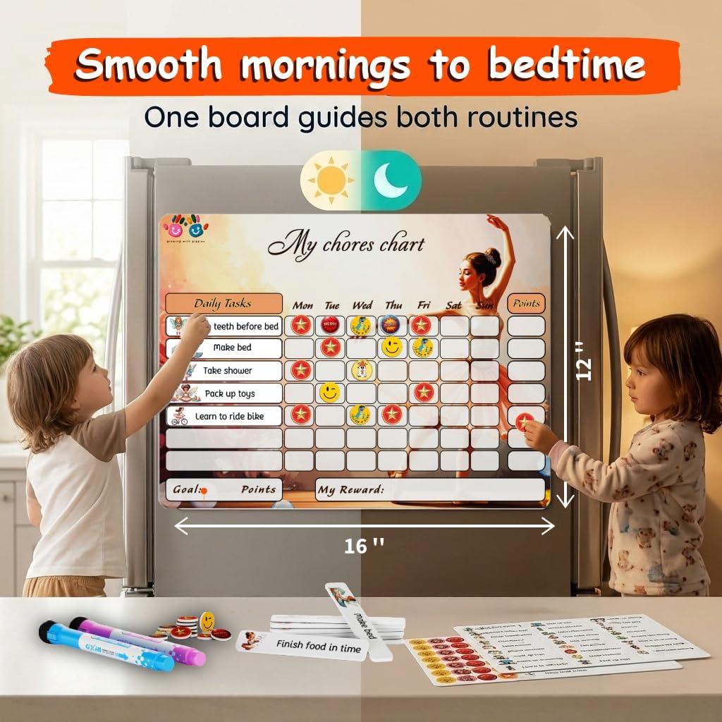 Mimi Doodle Magnetic Chore Chart for Kids – 16x12 Dry Erase Daily Responsibility Board for Fridge with 39 Chore tabs, 100 Reward Stickers – Behavior Chart for Kids at Home – Simple Theme