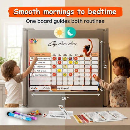 Mimi Doodle Magnetic Chore Chart for Kids – 16x12 Dry Erase Daily Responsibility Board for Fridge with 39 Chore tabs, 100 Reward Stickers – Behavior Chart for Kids at Home – Simple Theme