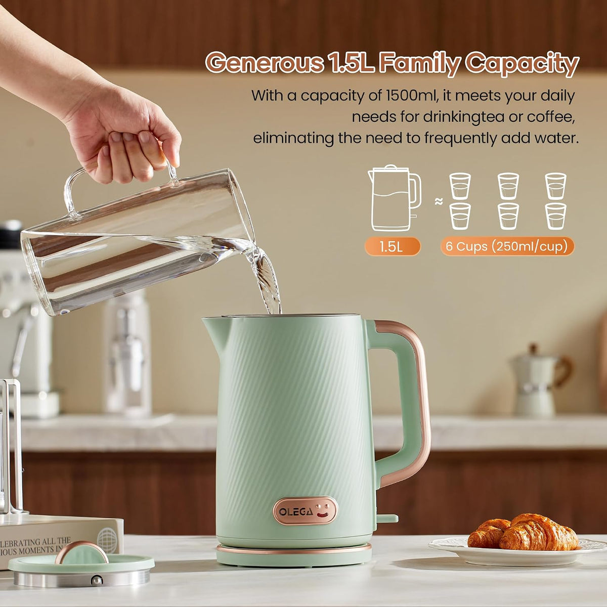 OLEGA Electric Tea Kettle: 1200W Fast Boil Electric Water Kettles 1.5L