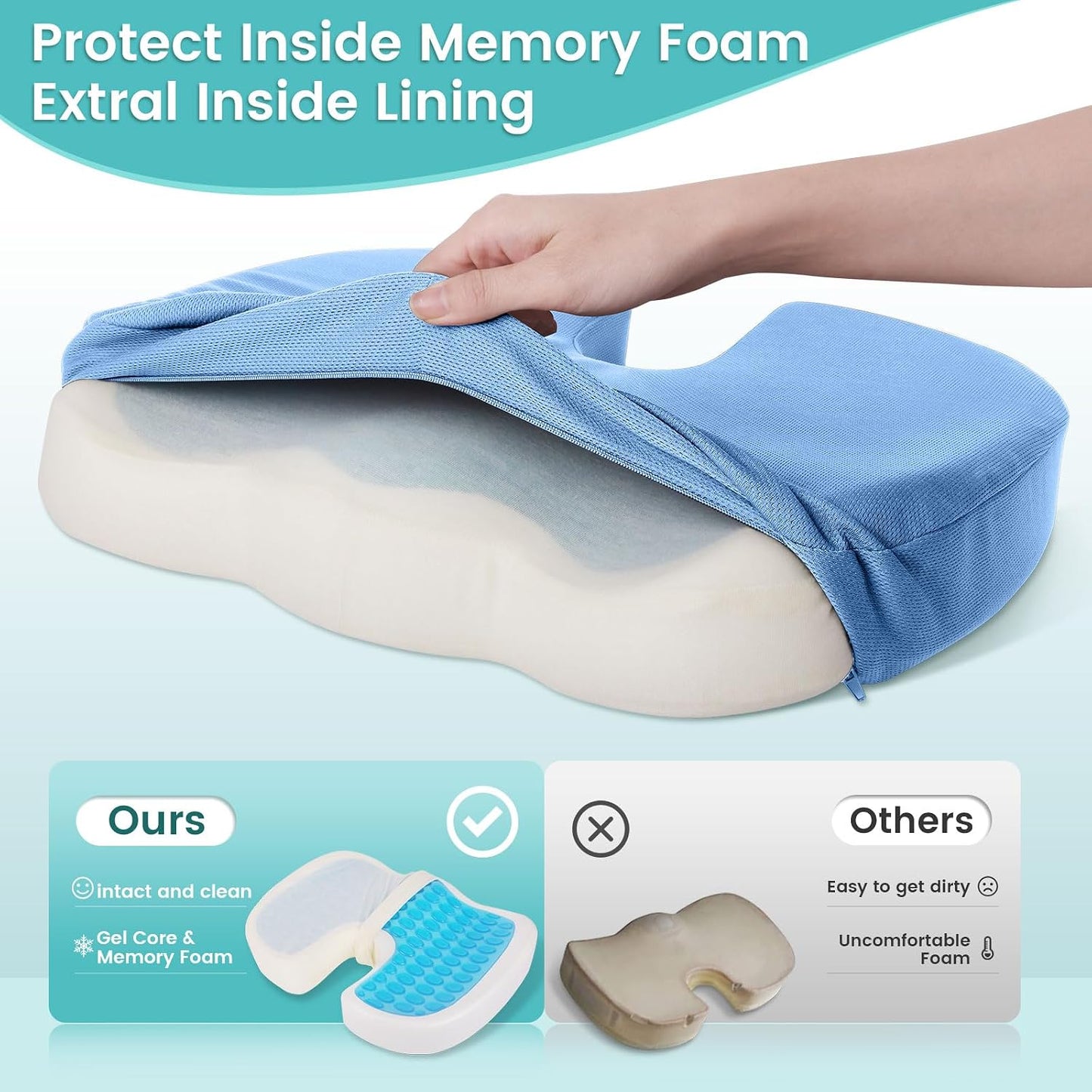 Gel Seat Cushion, Enhanced Memory Foam Cushion for Tailbone Pain, Black | Cooling Gel for Office Chair, U-shaped Design Chair Cushion for Gaming, Car, Wheelchair, Non-Slip Base, Washable Cover