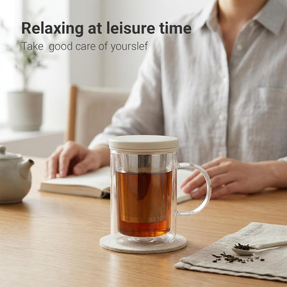 emoi 15 oz Glass Tea Cup with Infuser & Lid, Ideal for Loose Leaf Tea, Gray | Tea Mug with Extra Fine Mesh 304 Stainless Steel Steeper & Silicone Lid, Brew a Perfect Cup Easily at Home or Office