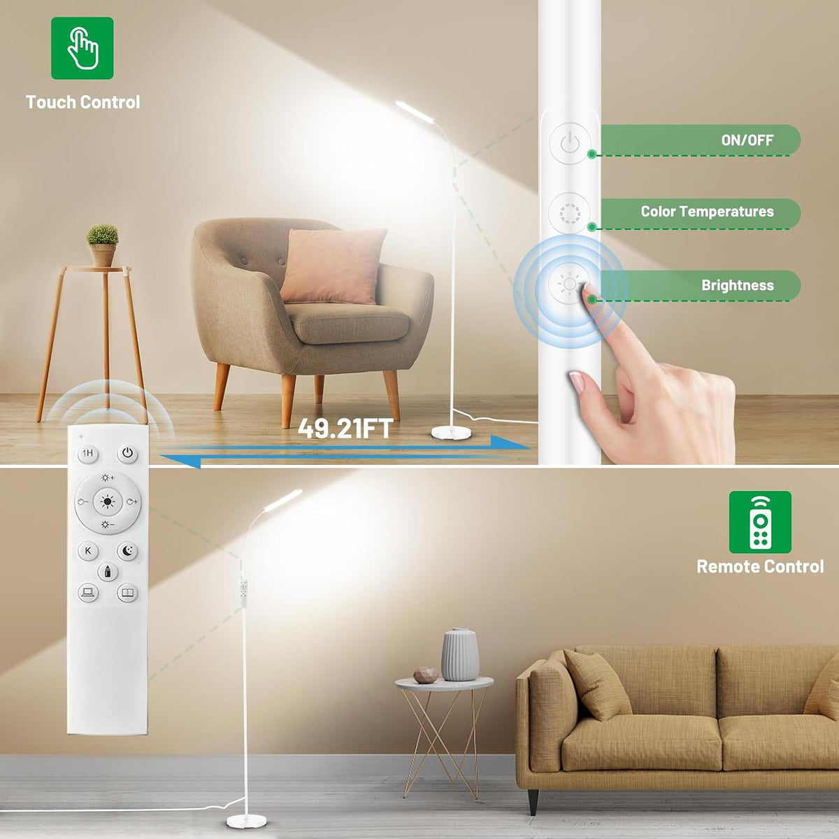 Yikuneng Dimmable LED Floor Lamp, Super Bright Reading Lamps Floor Standing lamp with Remote & Touch Control, Stepless Dimming & 2700K-6500K Color Temperature, for Living Room Bedroom Office, Black
