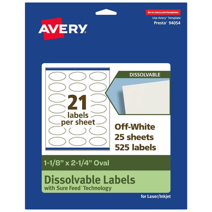 Avery Dissolvable Oval Labels, Sure Feed Technology, 1-1/8" x 2-1/4", Matte White, Print-to-The-Edge, Laser/Inkjet Printable, 105 Labels Total
