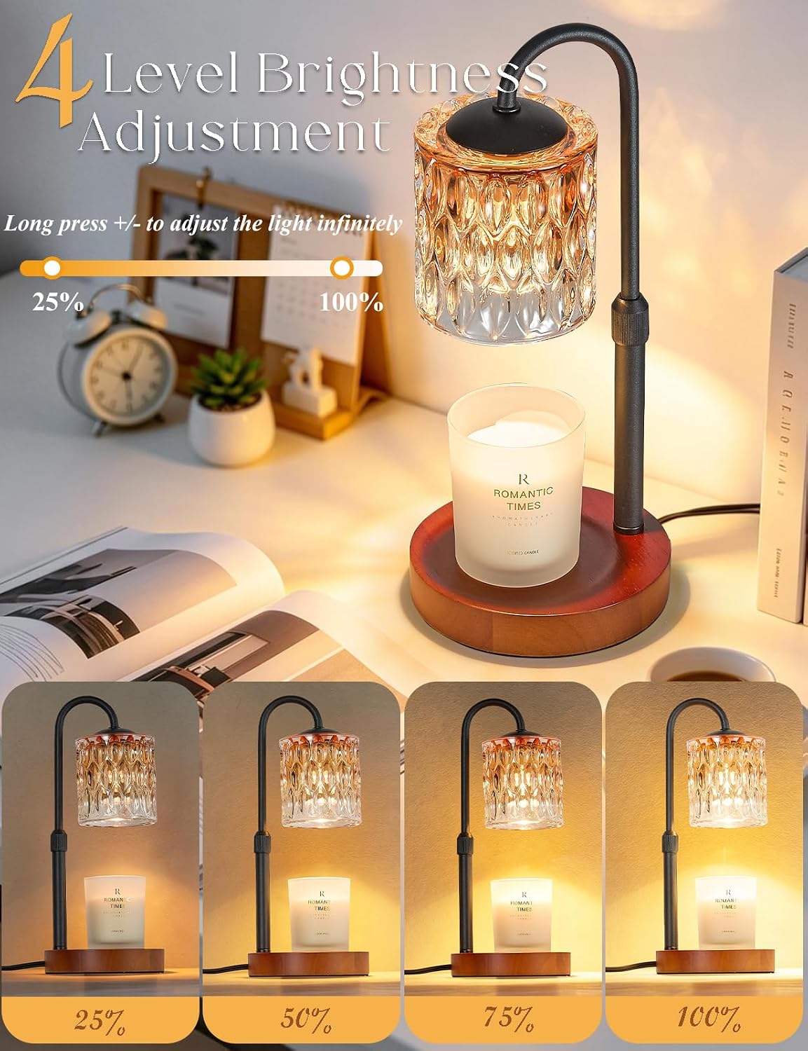 Briever Dimmable Candle Warmer Lamp with Timer, Height Adjustable Electric Candle Wax Warmer, Christmas Birthday Gifts for Women Mom, House Warming Gifts New Home Room Decor, Black Solid Wood Base