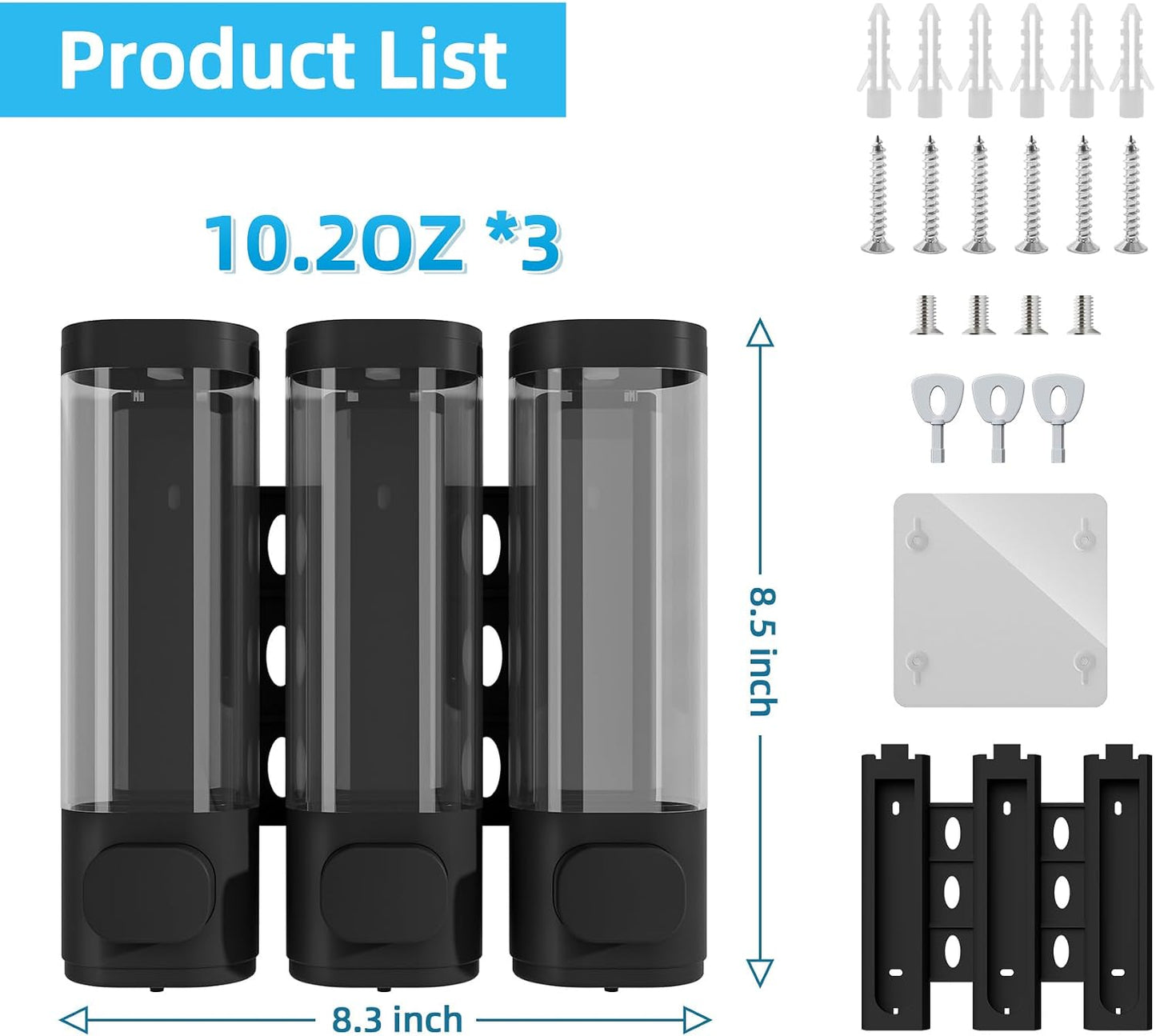 Shampoo and Conditioner Dispenser for Shower Wall Mount 3 Chamber, Black | Shower Soap Dispenser for Wall, 10.2 OZ Plastic Refillable Body Wash Bottles for Bathroom, No Drill Wall Mounted