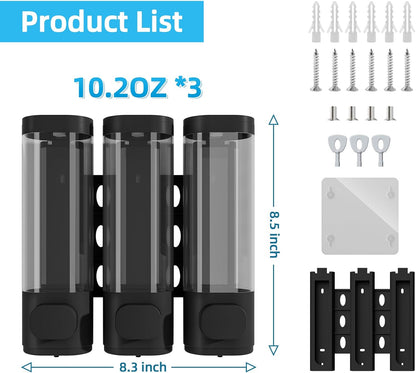 Shampoo and Conditioner Dispenser for Shower Wall Mount 3 Chamber, Black | Shower Soap Dispenser for Wall, 10.2 OZ Plastic Refillable Body Wash Bottles for Bathroom, No Drill Wall Mounted