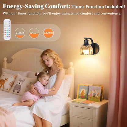 Rechargeable Battery Operated Wall Sconce Set of Two with Green Glass Lampshade, Wireless Battery Powered Wall Lamp with Remote Control, 15 Colors Gold Wall Light for Bedside Hallway Bedroom Doorway