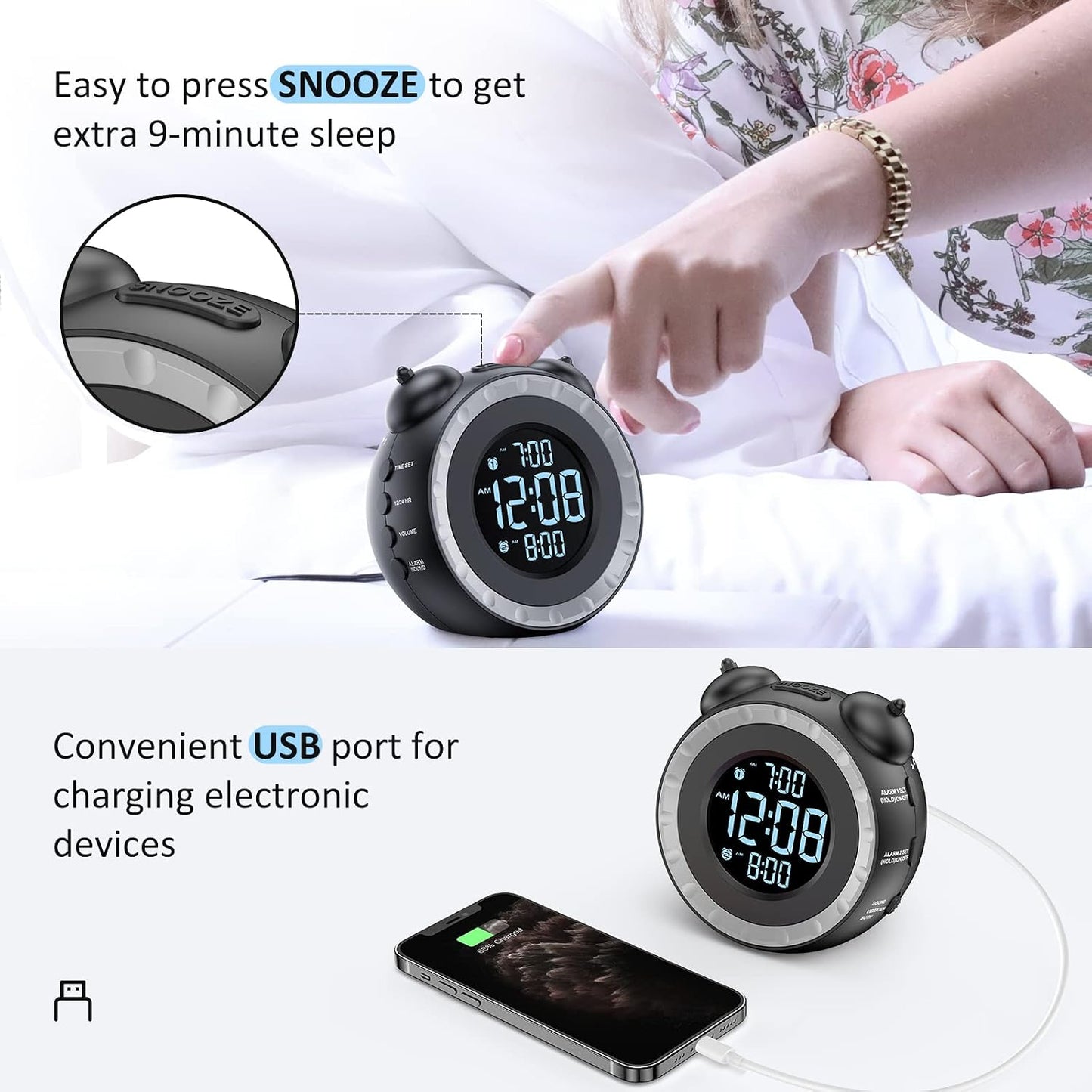 uscce Loud Dual Alarm Clock with Powerful Adjustable Bed Shaker | Vibrating Alarm Clock for Heavy Sleepers or Hearing Impaired - Easy to Set Alarm Clock with 0-100% Dimmer & Battery Backup