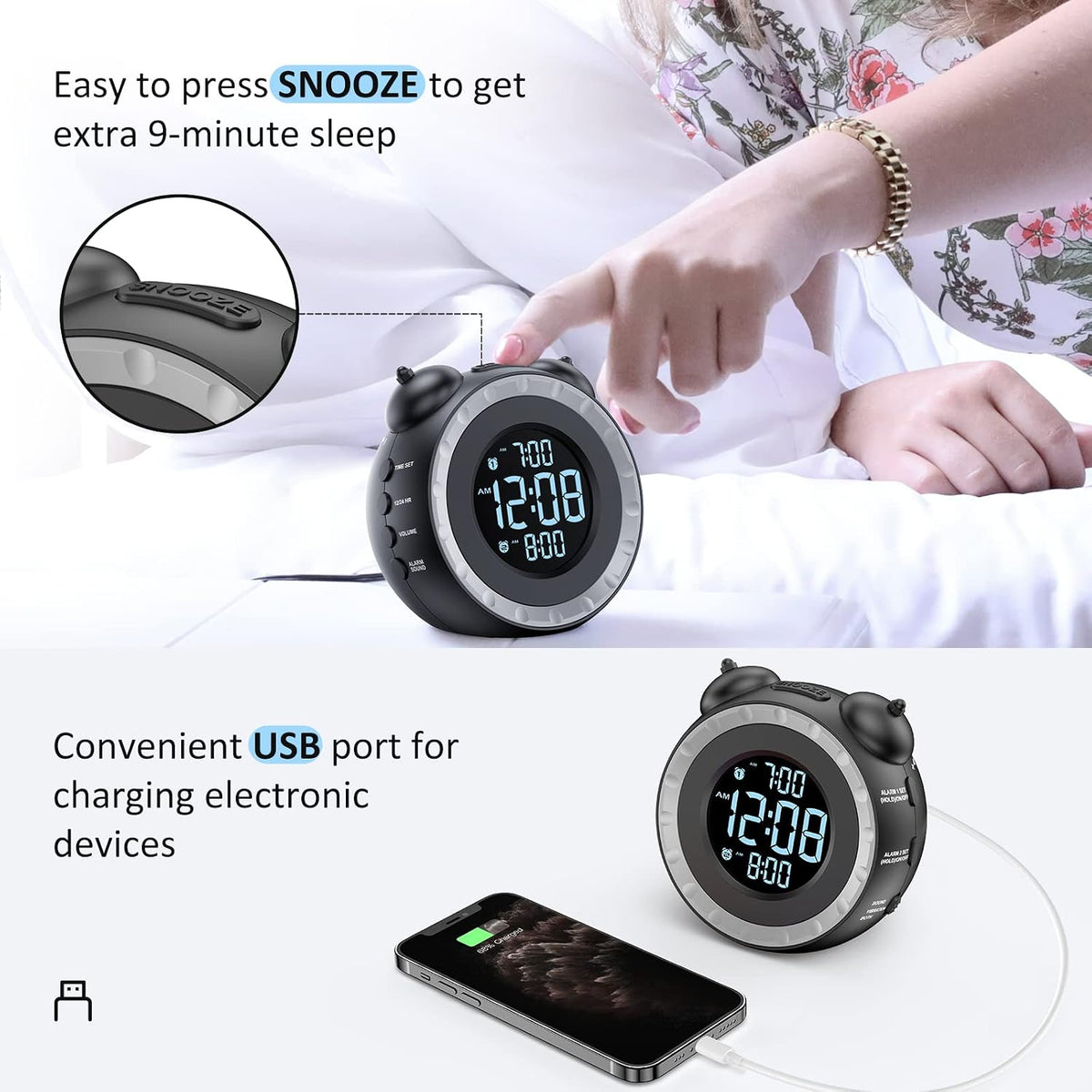 uscce Loud Dual Alarm Clock with Powerful Adjustable Bed Shaker