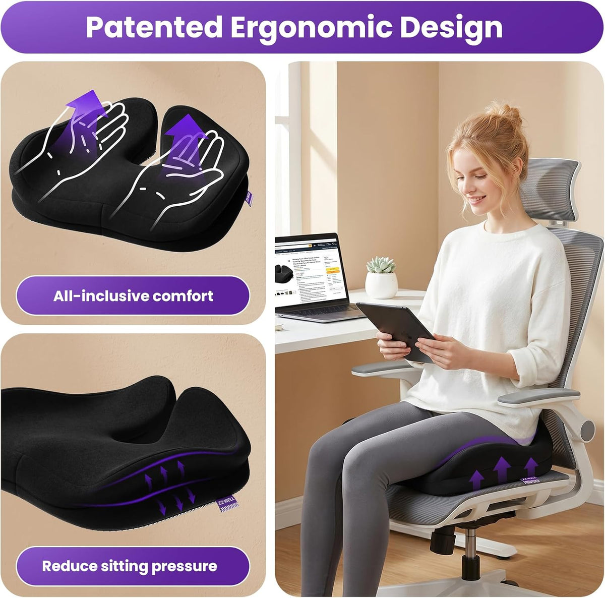 ZZ-WELL Seat Cushions for Office Chairs, Coccyx Cushion for Tailbone Pain, Memory Foam Butt Pillows for Computer Gaming Chair, Patented Pressure Relief Design Chair Cushion (Light Grey, XX-Large)
