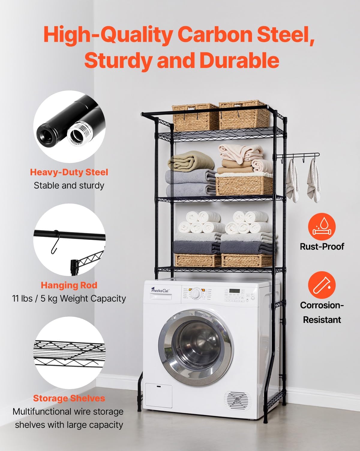 VEVOR Over The Washer and Dryer Storage Shelf, 3 Tier Laundry Room Drying Rack with Hanger Rod and Hooks, Adjustable Over Washer and Dryer Shelves, Laundry Room Shelf Storage Space Saver, White