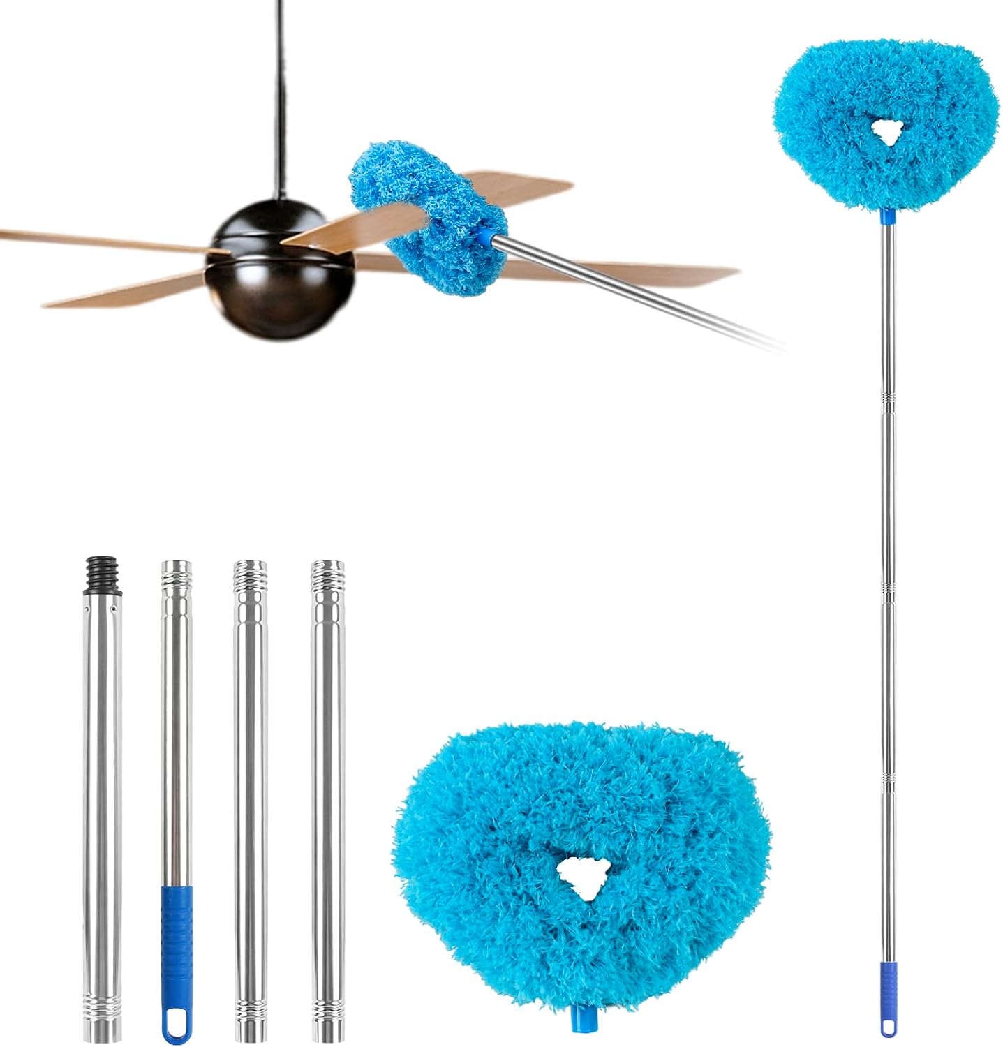 Ceiling Fan Cleaner Duster Reusable Microfiber Ceiling Fan Blade Cleaner Removable Duster with Extension Pole Adjusts 13 to 49.7 Inch for Cleaning Walls Bookshelves Furniture Door Window Top (Blue)