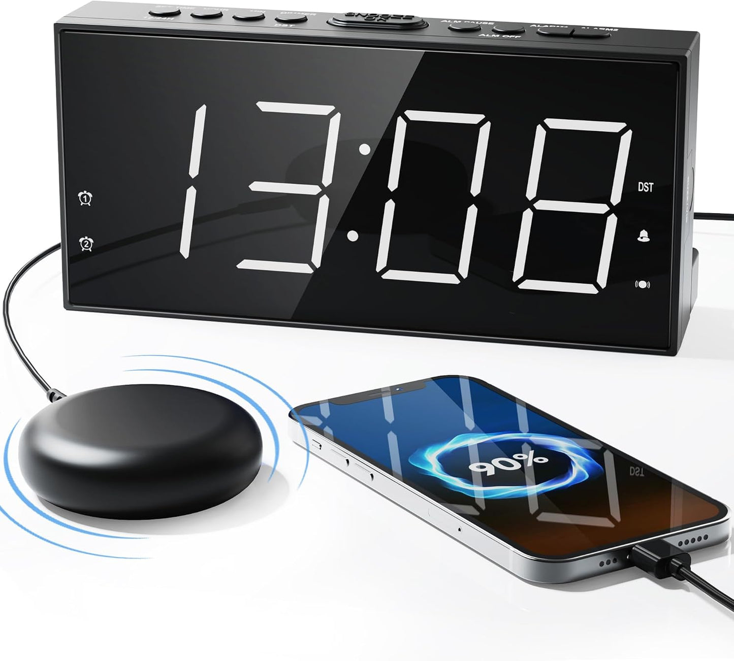 Roxicosly Alarm Clock with Bed Shaker, Vibrating Alarm Clock for Heavy Sleepers/Hard of Hearing/Deaf,Dual Alarms, 7.5’’ Large LED Display, Dimmer, USB Charging Port, Plug-in with Memory Function