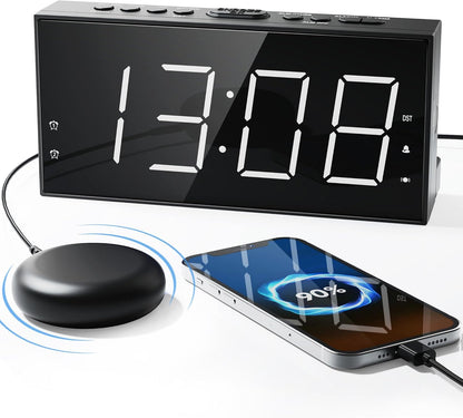 Roxicosly Alarm Clock with Bed Shaker, Vibrating Alarm Clock for Heavy Sleepers/Hard of Hearing/Deaf,Dual Alarms, 7.5’’ Large LED Display, Dimmer, USB Charging Port, Plug-in with Memory Function