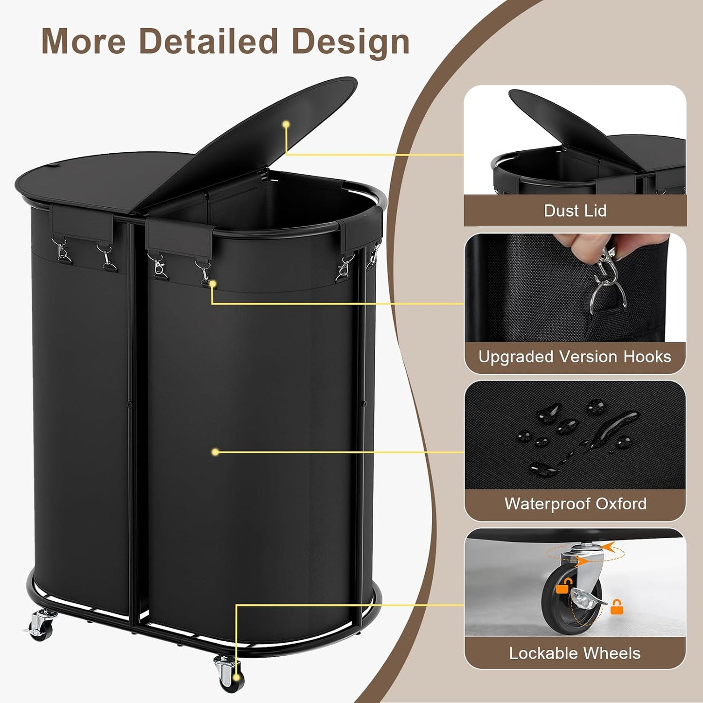 Laundry Hamper with Wheels and Lid, 100L Half Round Rolling Laundry Basket | Gasvadivum Sturdy Metal Frame Laundry Cart with Removable Bag, Dirty Clothes sorter Organizer for Bathroom, Bedroom, Black