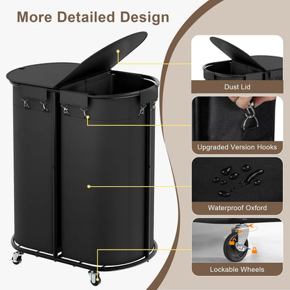 Laundry Hamper with Wheels and Lid, 100L Half Round Rolling Laundry Basket | Gasvadivum Sturdy Metal Frame Laundry Cart with Removable Bag, Dirty Clothes sorter Organizer for Bathroom, Bedroom, Black