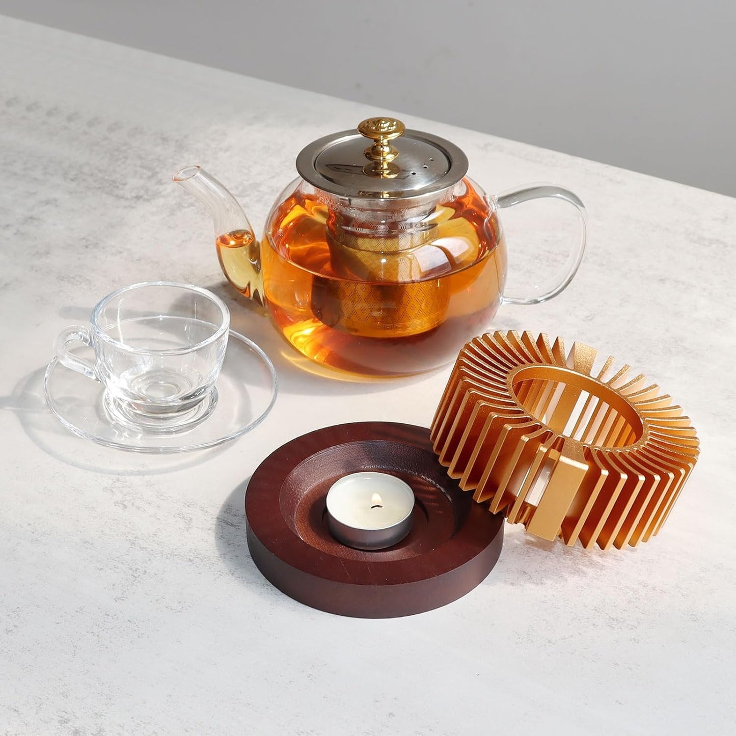 Tea Warmer, Aluminum Alloy & Wood, for Heating Tea Coffee Milk | Large Teapot Warmer for Indoor & Outdoor, Compatible with Standard Teapots