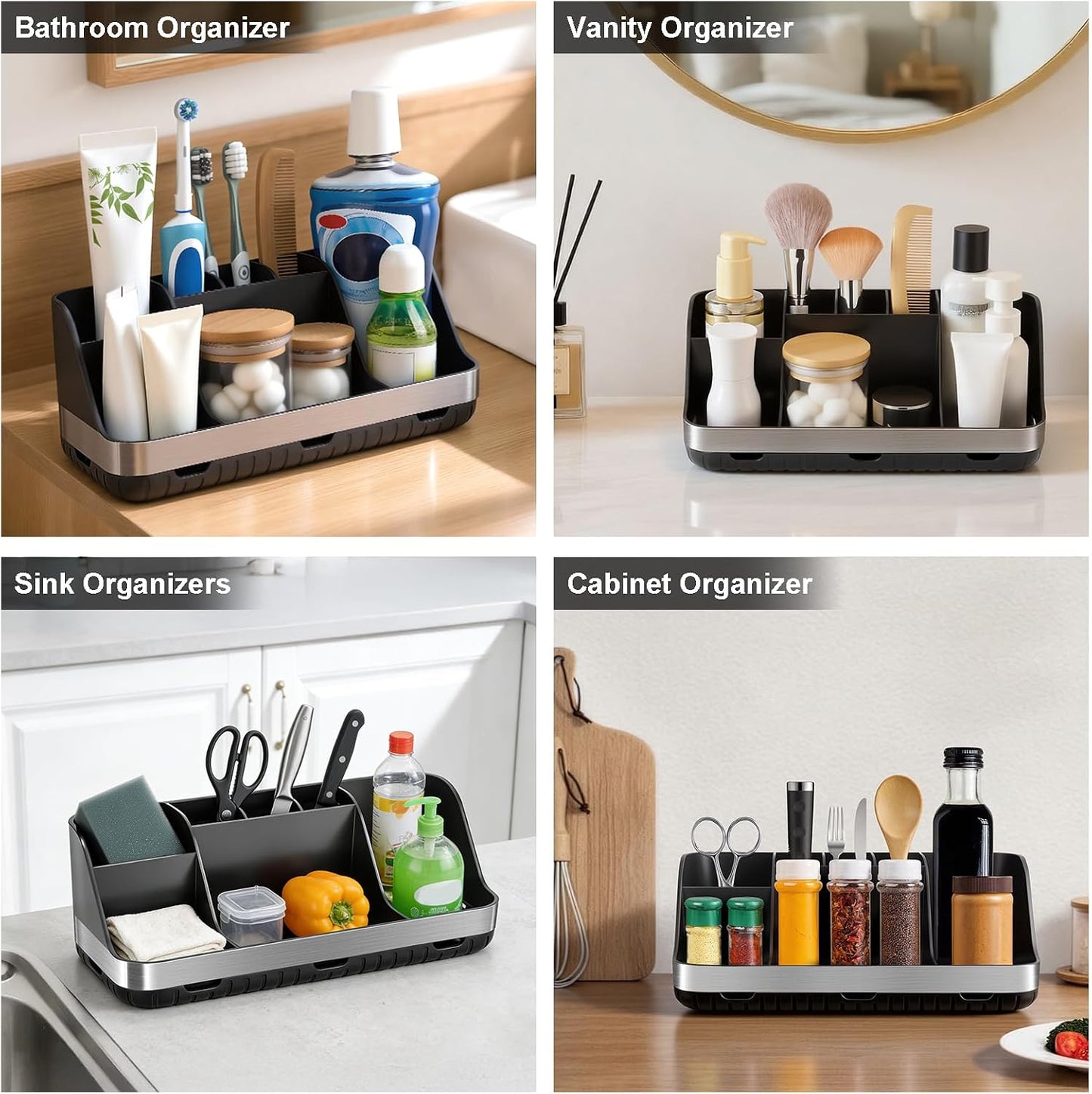 GFWARE Black Toothbrush Holder - 7 Slots Bathroom Organizer Countertop with Drainage Matte Black Electric Toothbrush and Toothpaste Holder for Bathroom Accessories Sink Storage