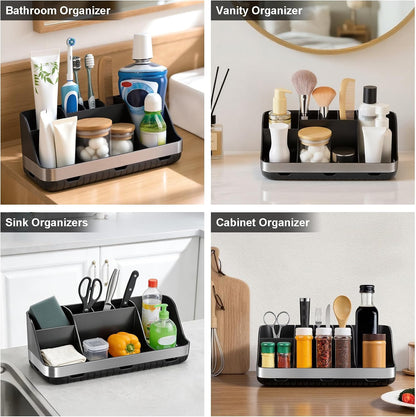 GFWARE Black Toothbrush Holder - 7 Slots Bathroom Organizer Countertop with Drainage Matte Black Electric Toothbrush and Toothpaste Holder for Bathroom Accessories Sink Storage