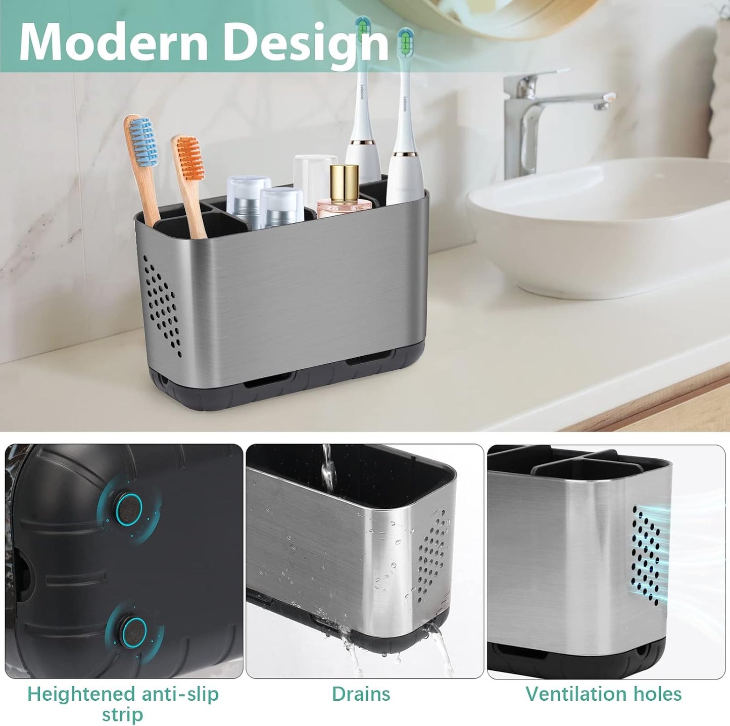 Boperzi Toothbrush and Toothpaste Holder Drainage for Bathroom Countertop with Adjustable Dividers, Large Toothpaste Caddy Organizer Storage Rustic Decor Set Anti-Slip for Shower,Family,Kids Gray