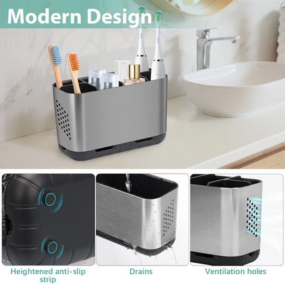 Boperzi Toothbrush and Toothpaste Holder Drainage for Bathroom Countertop with Adjustable Dividers, Large Toothpaste Caddy Organizer Storage Rustic Decor Set Anti-Slip for Shower,Family,Kids Gray