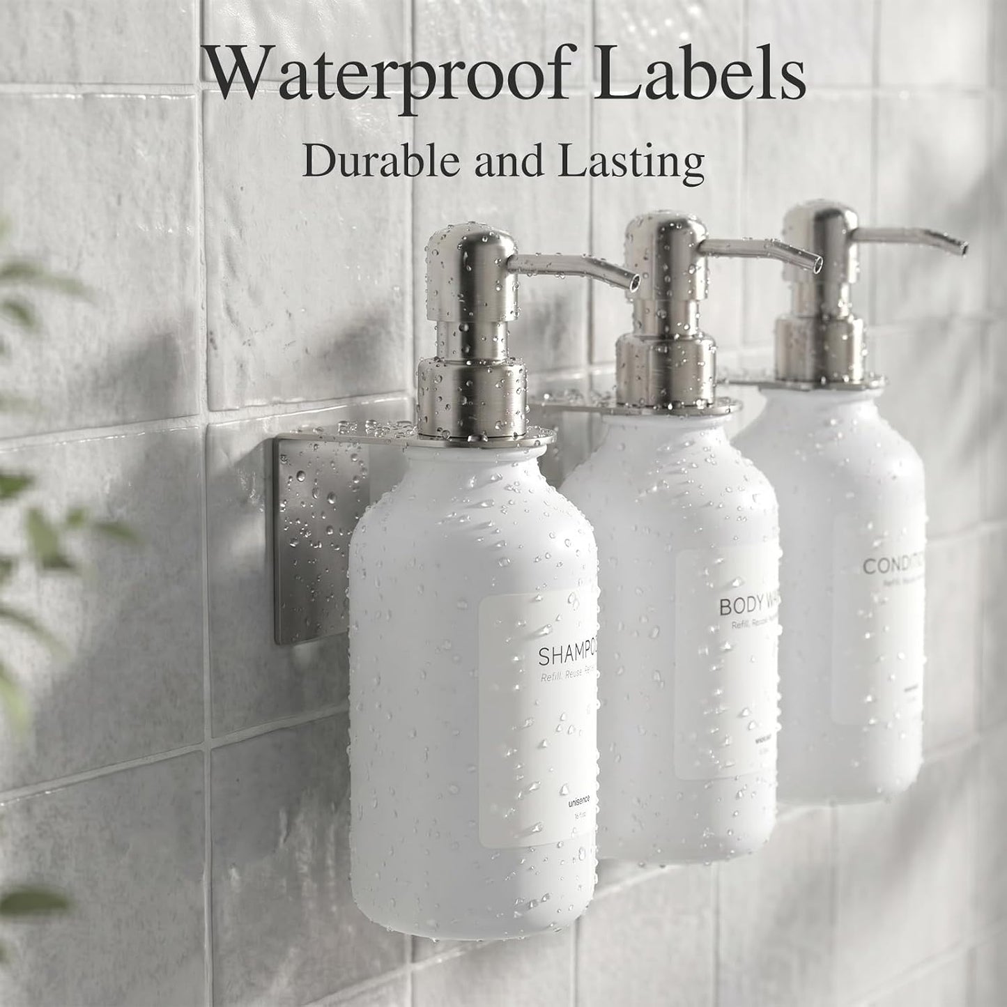 Shampoo and Conditioner Dispenser Wall Mounted Set of 3 - Shampoo Conditioner Body Wash Dispenser No Drill - White Shower Bottles Refillable with Labels and Stainless Steel Pumps 500ML/16.9oz