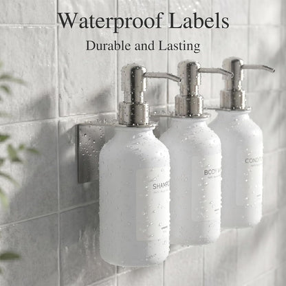 Shampoo and Conditioner Dispenser Wall Mounted Set of 3 - Shampoo Conditioner Body Wash Dispenser No Drill - White Shower Bottles Refillable with Labels and Stainless Steel Pumps 500ML/16.9oz