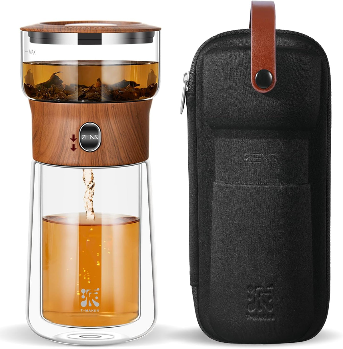 ZENS Glass Infuser Teapot, One Touch Tea Maker for Loose Leaf Tea, Walnut