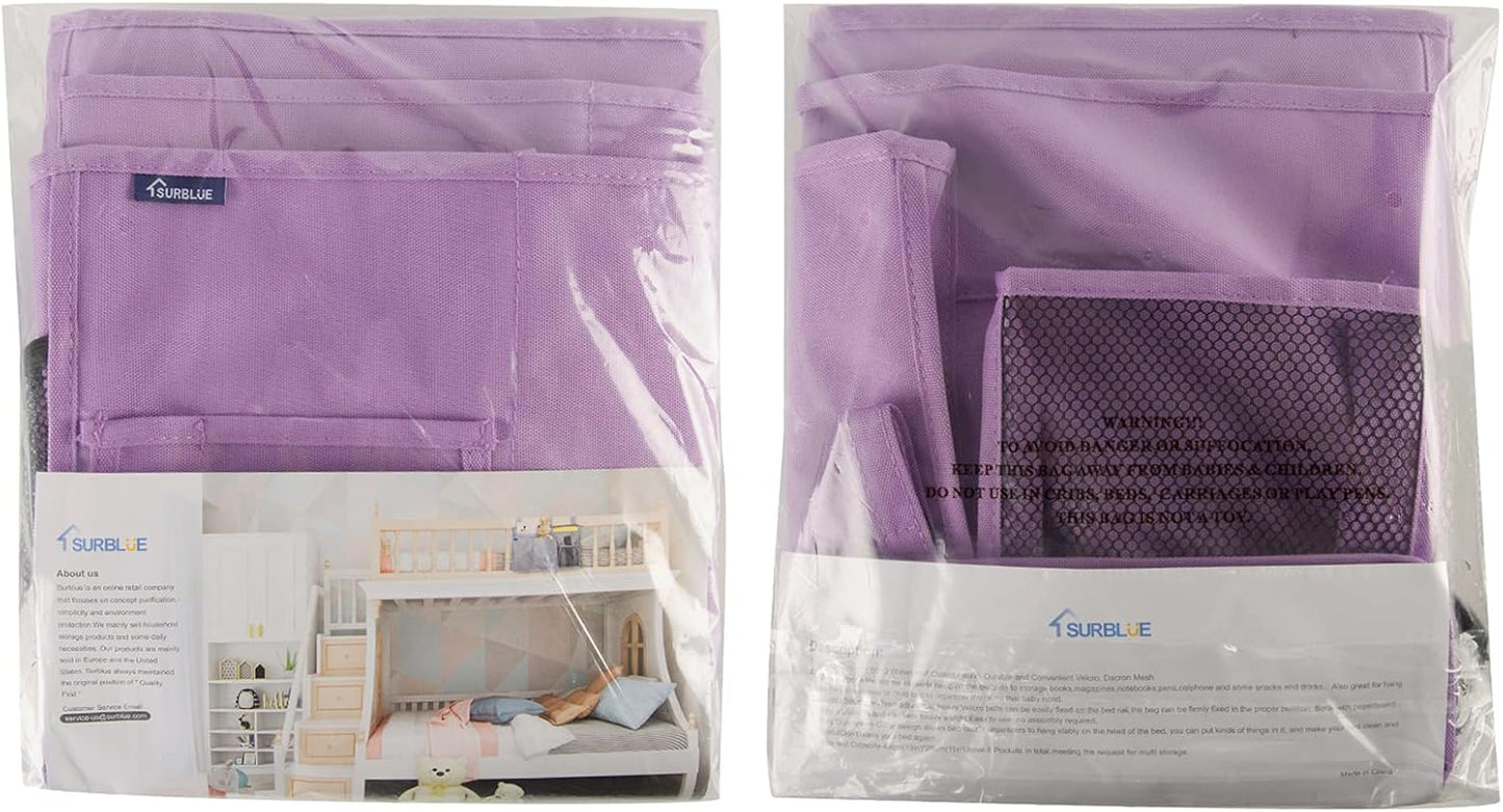 Surblue Bedside Caddy Hanging Organizer Storage Bag Pocket for Bunk, Hospital, College Dorm Rooms, Baby Bed Rails, Camp - 4 Pockets, 2 Hooks (Blue)