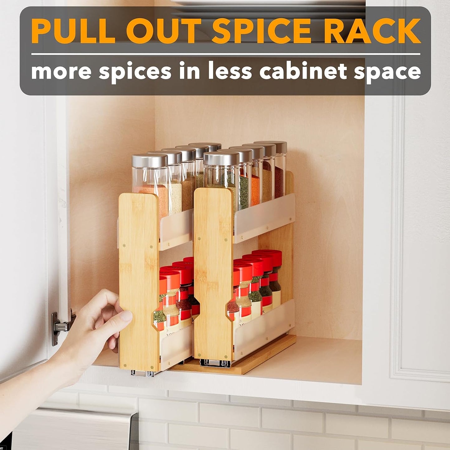 SpaceAid Bamboo Pull Out Spice Rack Organizer for Cabinet, Heavy Duty Slide Out Seasoning Kitchen Pantry Sliding Vertical Organization, 7.6" Wide, 3 Drawers(2" Wide), 2-Tier, Natural