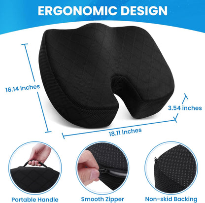 TushGuard Office/ Car Seat Cushion, Non-Slip Sciatica & Back Coccyx Tailbone Pain Relief Chair Pad, Memory Foam Butt Pillow for Computer Desk, Wheelchair, Driving (Black)