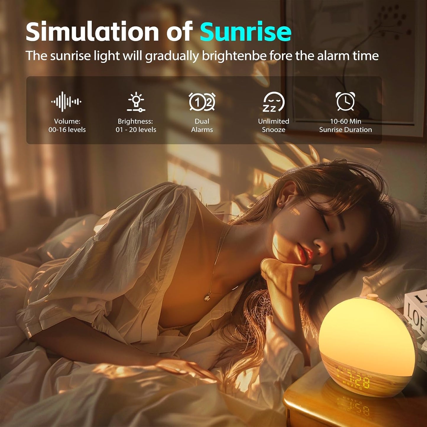 Geuuap Sunrise Alarm Clock White Noise Machine with Bluetooth Speaker,Khaki | 30 Soothing Sounds, 17 Dimmable lights, Simulated Sunrise, Backup Battery Memory, Auto-off Sleep Timer, Screen-Free Design