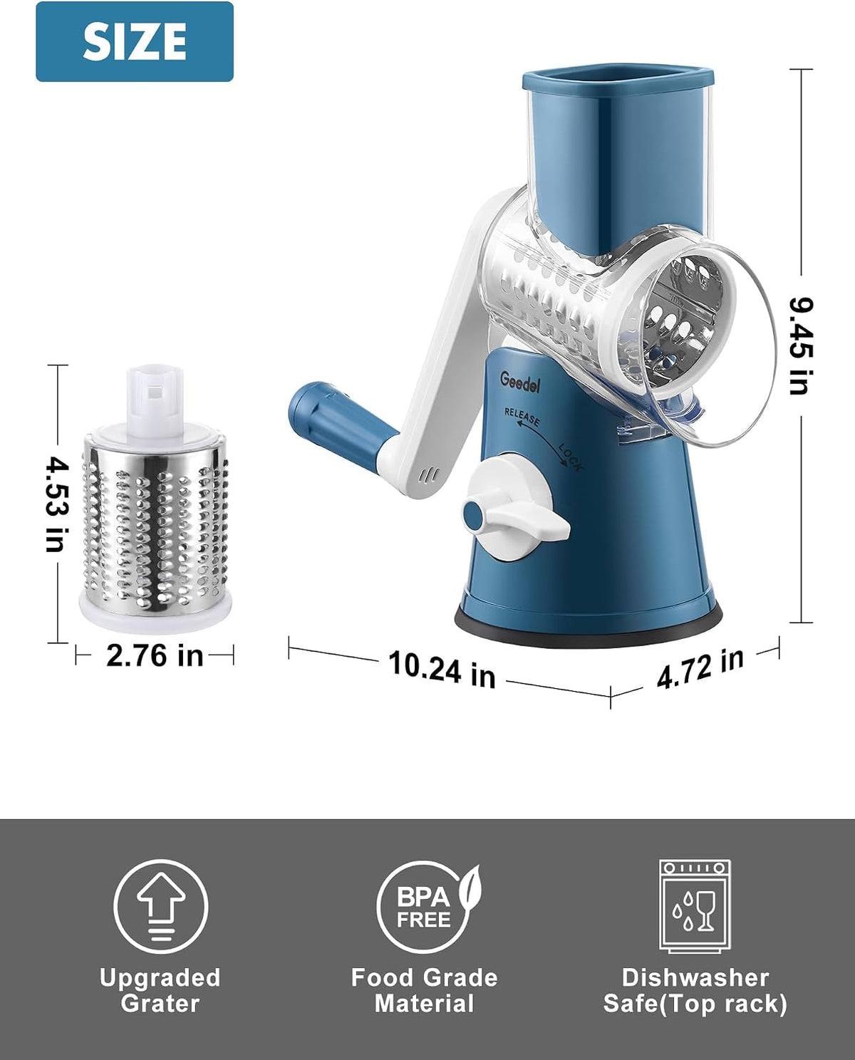 Geedel Rotary Cheese Grater, Kitchen Mandoline Vegetable Slicer with 3 Interchangeable Blades, Easy to Clean Rotary Grater Slicer for Fruit, Vegetables, Nuts