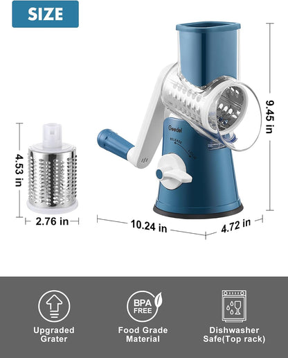 Geedel Rotary Cheese Grater, Kitchen Mandoline Vegetable Slicer with 3 Interchangeable Blades, Easy to Clean Rotary Grater Slicer for Fruit, Vegetables, Nuts