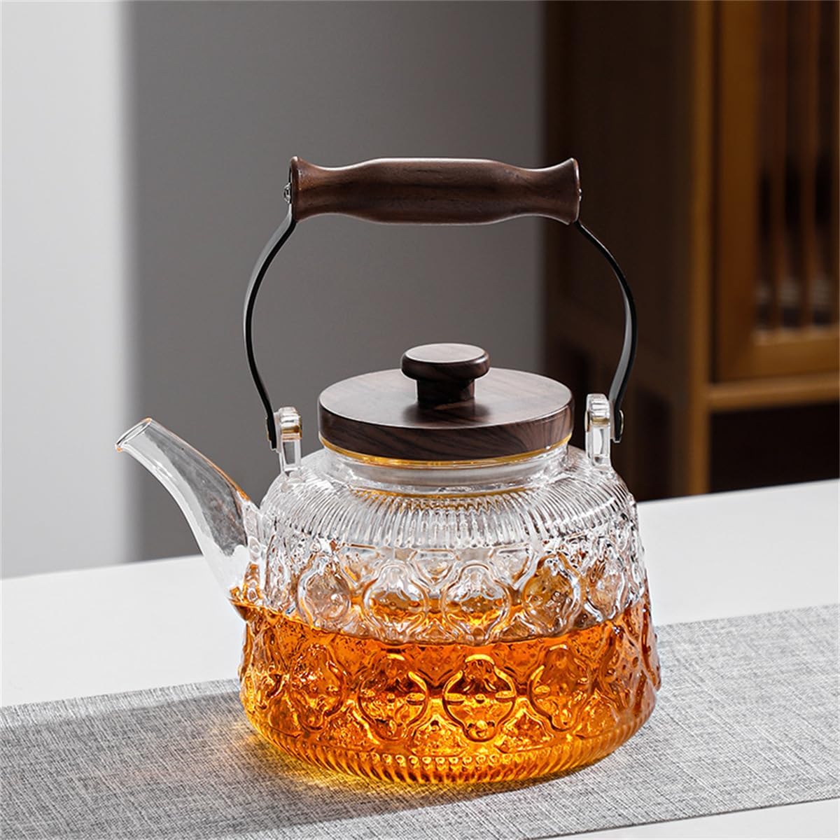 Stovetop Safe Glass Teapot with Malus Spectabilis Pattern Removable Infuser Fine Borosilicate Tea Pot perfect for Fruit Flowering Tea Canister Premium Quality Tea Kettle Gift(Transparent)