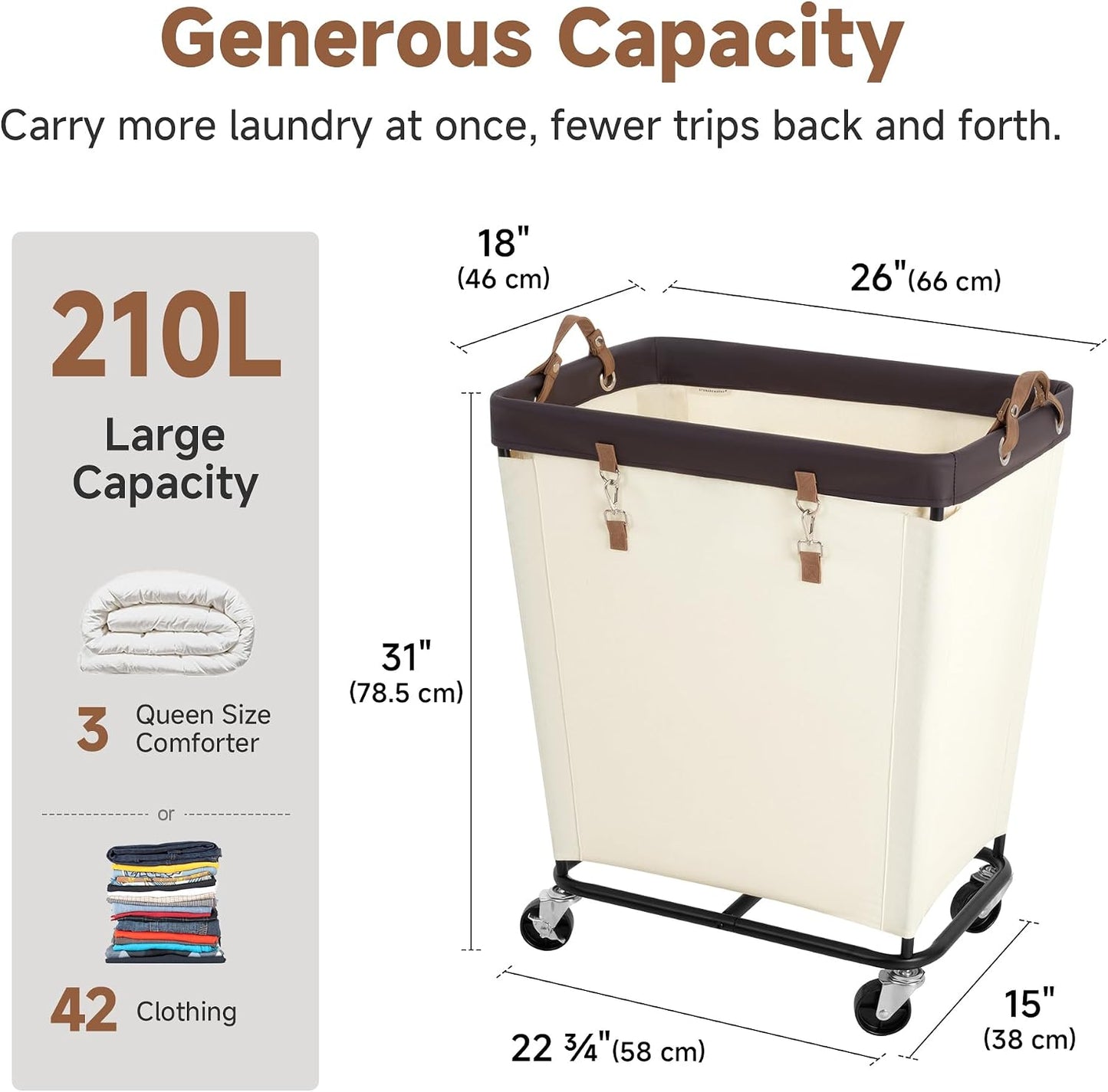 StorageWorks 160L Laundry Basket with Wheels, Rolling Hampers for Clothing | Beige Laundry Basket with Wheels, Metal Frame & Handles, Rolling Hamper for Bedroom, Bathroom, Dorm, Hotel