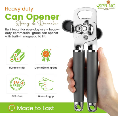 Spring Chef Stainless Steel Manual Can Opener with Soft Grip Handles, Black | Heavy Duty Hand Can Opener for Seniors with Smooth Edge, Easy Turn, 3in1 Can Opener with Magnetic Lid Remover & Bottle Opener