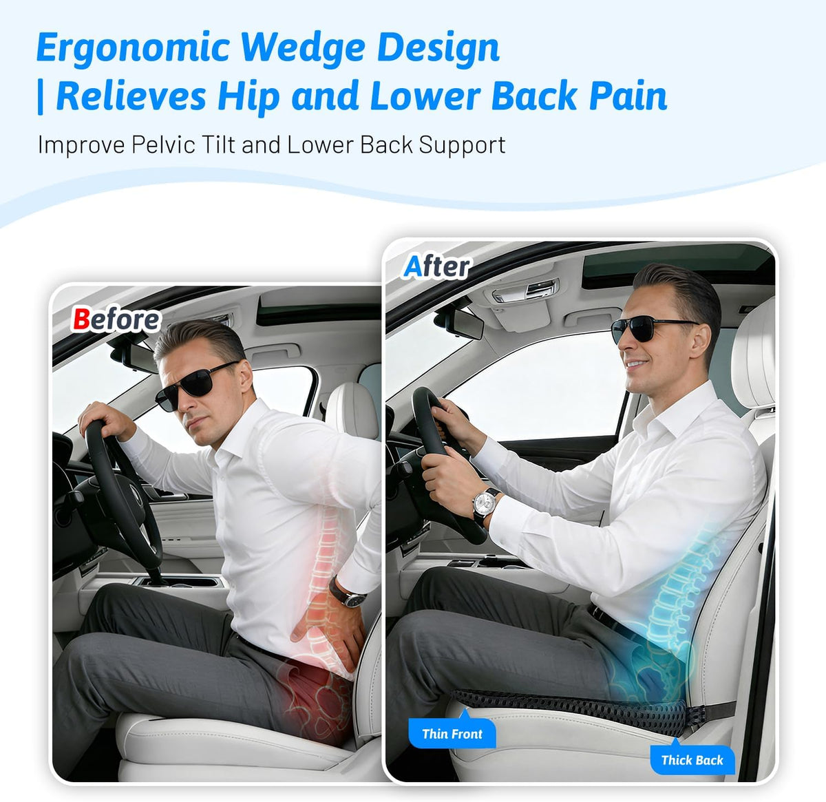 Wedge Car Seat Cushion for Better Visibility & Sciatica Pain Relief