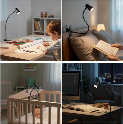 Eye-Caring Clip On Desk Lamp, 3 Color Modes & 10 Brightness LED Reading Light with Clamp, 360° Rotatable Gooseneck Reading Light, Portable Clamp Lamp for Bedroom, Office and Study (Black-Small)