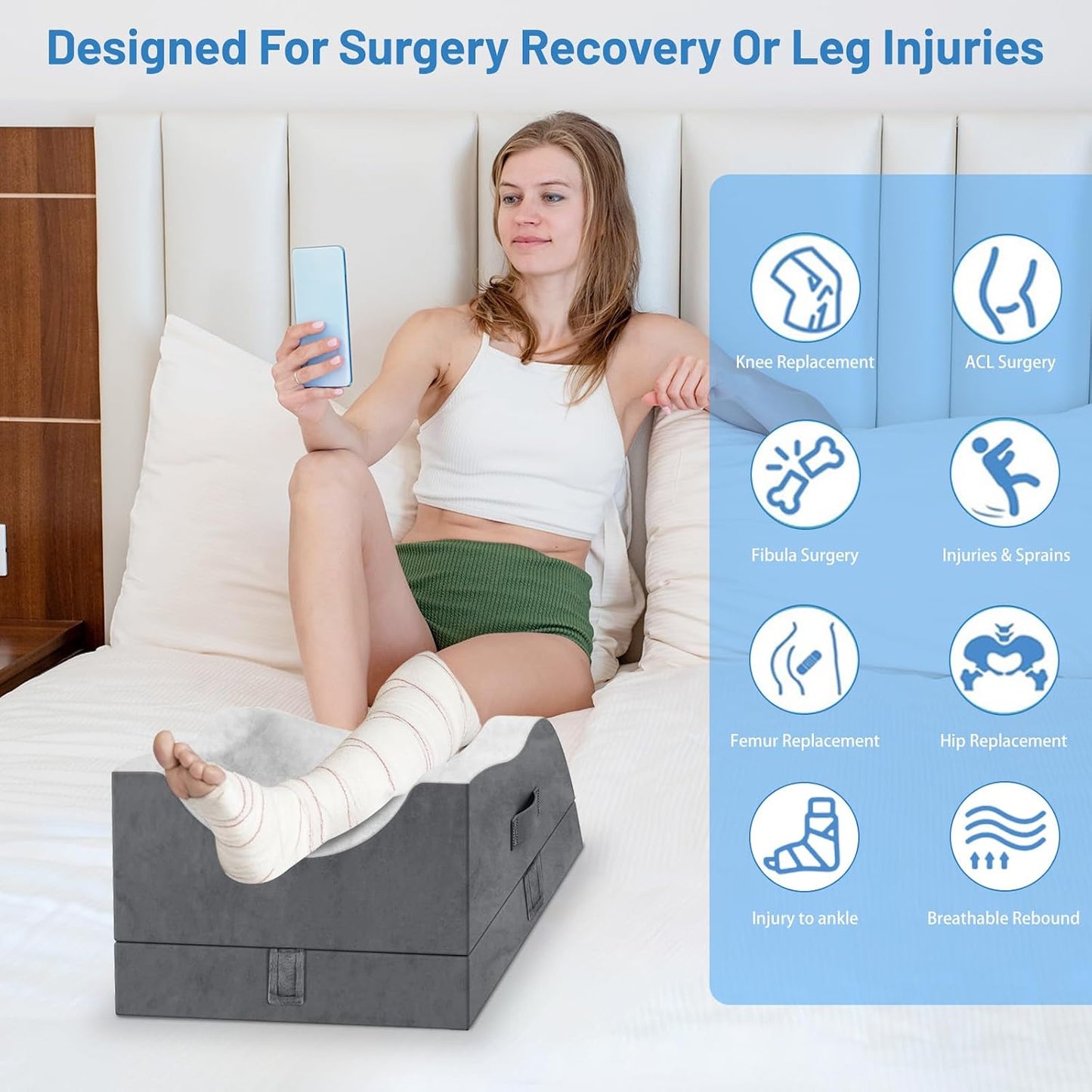 TranquilRelax Leg Elevation Pillow for After Surgery, Wedge Pillow, Grey | Single-leg design, adjustable height, U-shaped cradle, supportive memory foam, washable cover, leg elevation for swelling