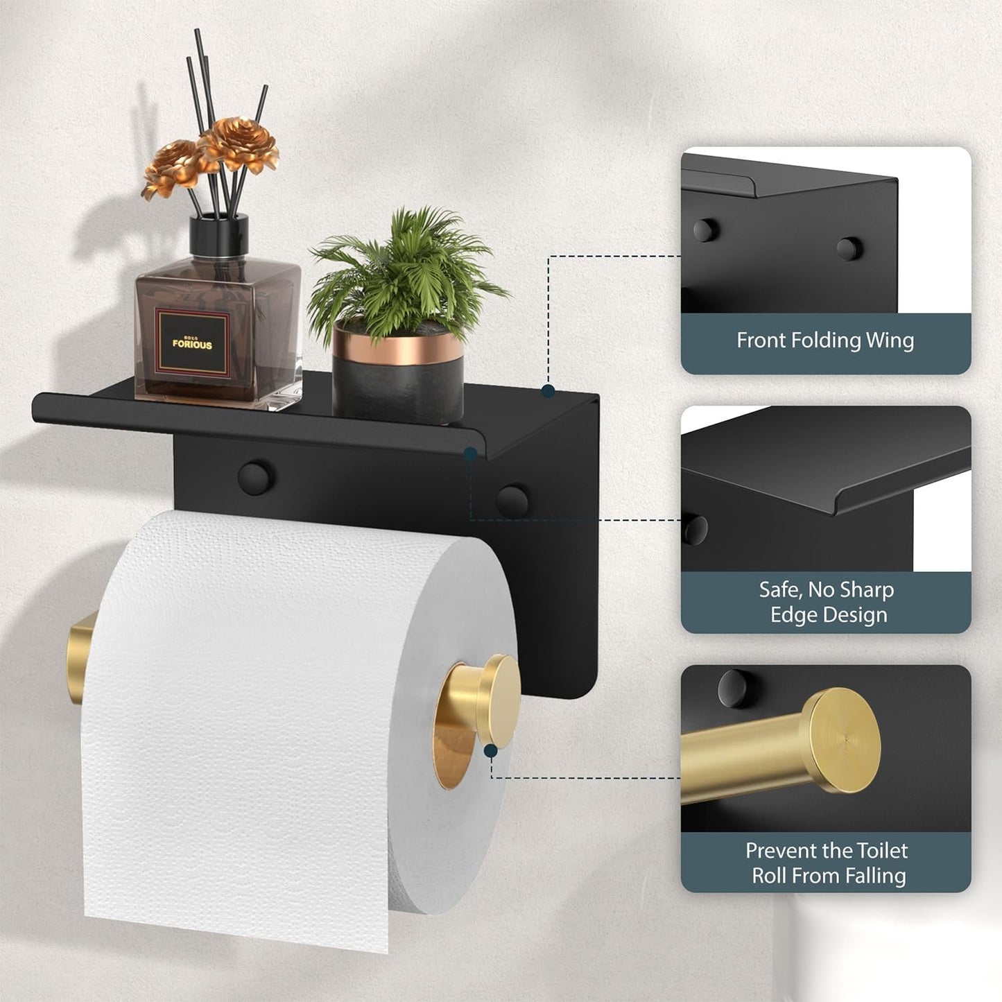 FORIOUS Toilet Paper Holder with Shelf, Adhesive or Screw, Commercial | Brushed Nickel | Wall Mount Bathroom Tissue Holder | SUS304 Stainless Steel Rustproof | Bathroom Tissue Roll Holder