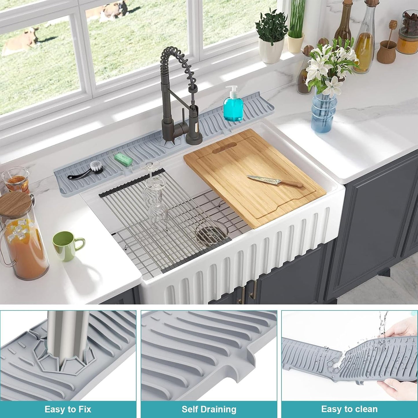 30 Inch Kitchen Sink Splash Guard, Large Size Faucet Mat for Kitchen Sink, Longer Silicone Faucet Handle Drip Catcher Tray for Kitchen Countertop, Bathroom, Farmhouse