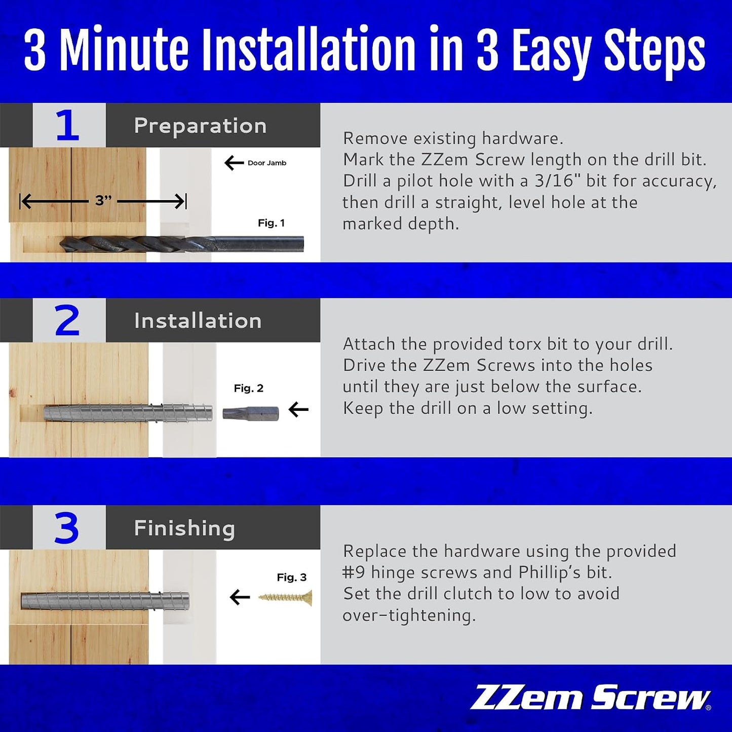 4-Pack #9 x 3 Permanent Stripped Door Hinge Screw Hole Repair Kit | Reinforces hinges, strike plates and door jambs. Installs in minutes. Made in USA