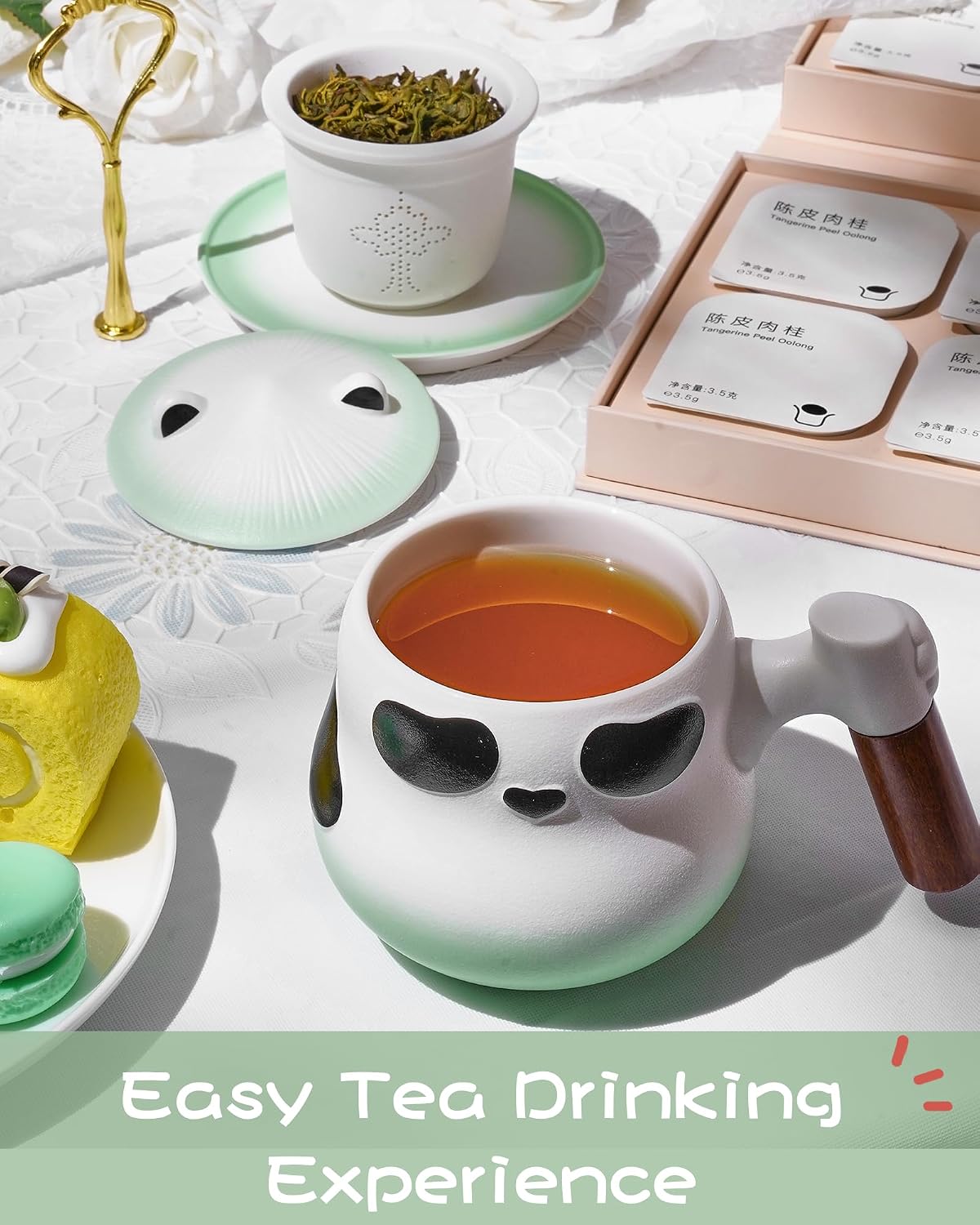 ZENS Tea Infuser Mug with Lid for Loose Leaf Tea Steeper, 11oz Panda | Embossed Ceramic Tea Infuser Mug with Fine Strainer for Herbal Tea Lovers Gifts, Nature Wood Handle