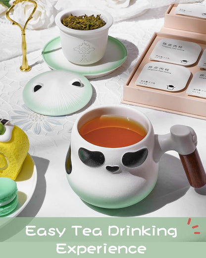 ZENS Tea Infuser Mug with Lid for Loose Leaf Tea Steeper, 11oz Panda | Embossed Ceramic Tea Infuser Mug with Fine Strainer for Herbal Tea Lovers Gifts, Nature Wood Handle