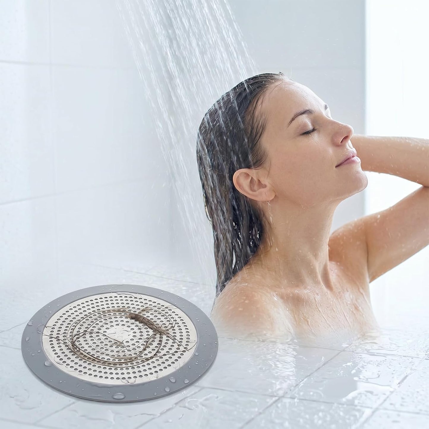 Flat Shower Drain Hair Catcher 5.7in Wide Round Hairs Stopper | Shower Drain Cover Sink Protector Filter for Showers Bathroom Pet Owners Homeowners Renters Stainless Steel & Silicone